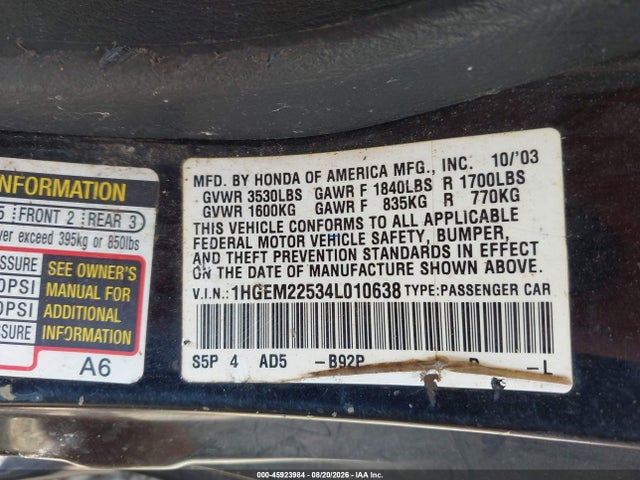 2004 Honda Civic Lx მანქანა იყიდება აუქციონზე, vin: 1HGEM22534L010638, აუქციონის ნომერი: 45923984