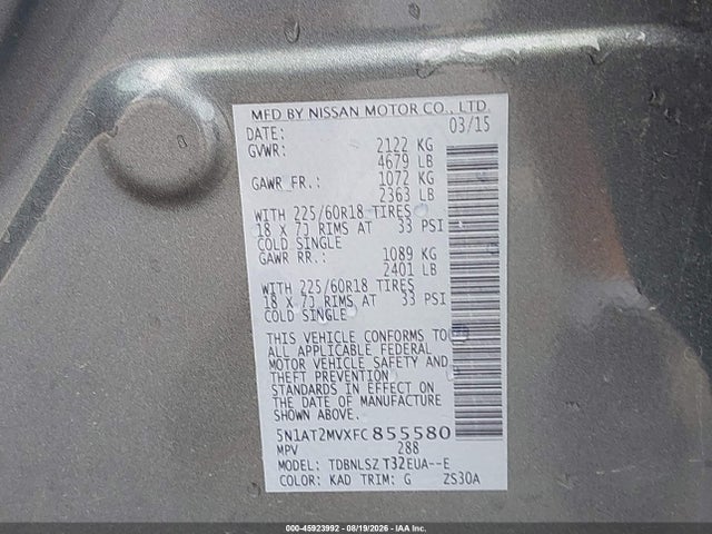 Продаж на аукціоні авто 2015 Nissan Rogue Sl, vin: 5N1AT2MVXFC855580, номер лоту: 45923992
