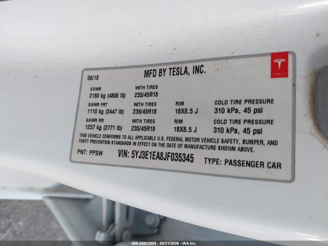 Продаж на аукціоні авто 2018 Tesla Model 3 Long Range/mid Range, vin: 5YJ3E1EA8JF035345, номер лоту: 45923999