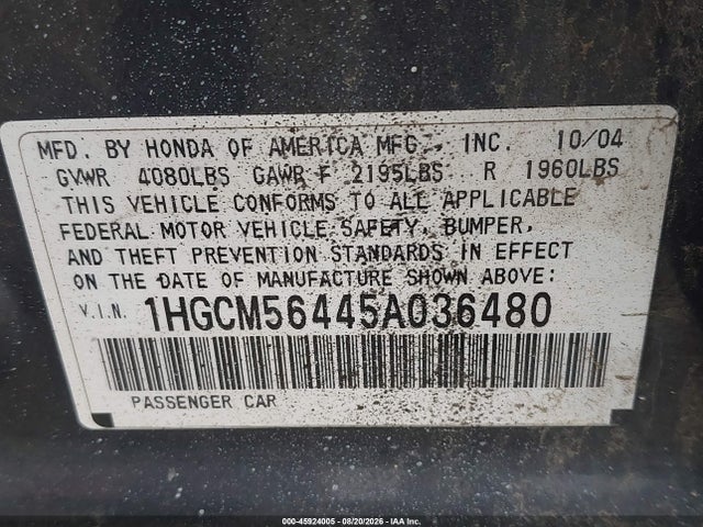 Aukcja sprzedaży 2005 Honda Accord 2.4 Lx, vin: 1HGCM56445A036480, numer aukcji: 45924005
