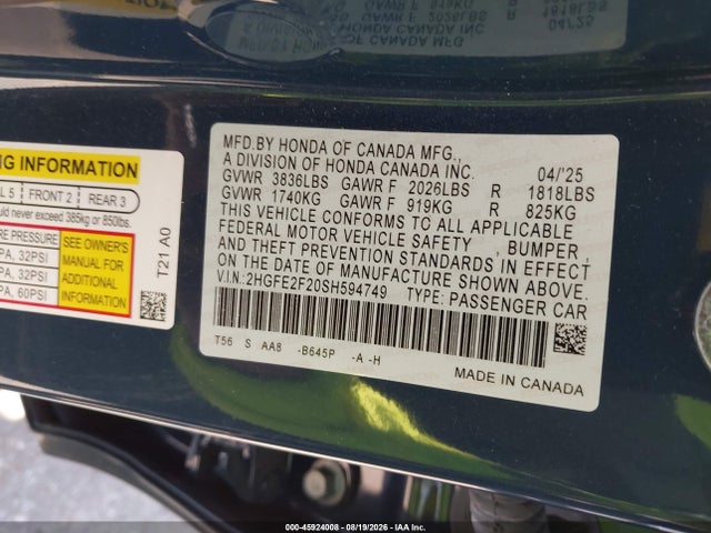 Продажа на аукционе авто 2025 Honda Civic Lx, vin: 2HGFE2F20SH594749, номер лота: 45924008