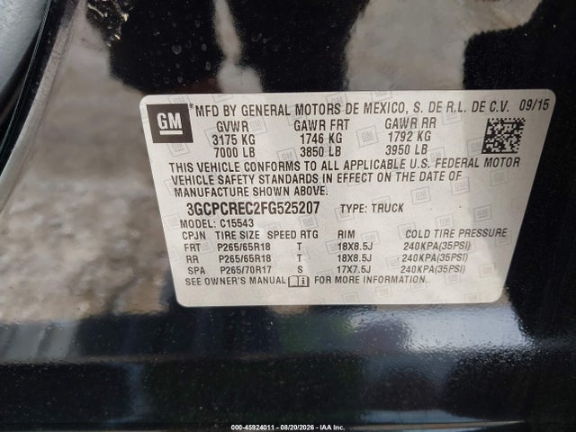 Продаж на аукціоні авто 2015 Chevrolet Silverado 1500 Lt, vin: 3GCPCREC2FG525207, номер лоту: 45924011
