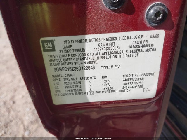 45924010 :رقم المزاد ، 3GNEC16Z36G122646 vin ، 2006 Chevrolet Suburban 1500 Ls مزاد بيع