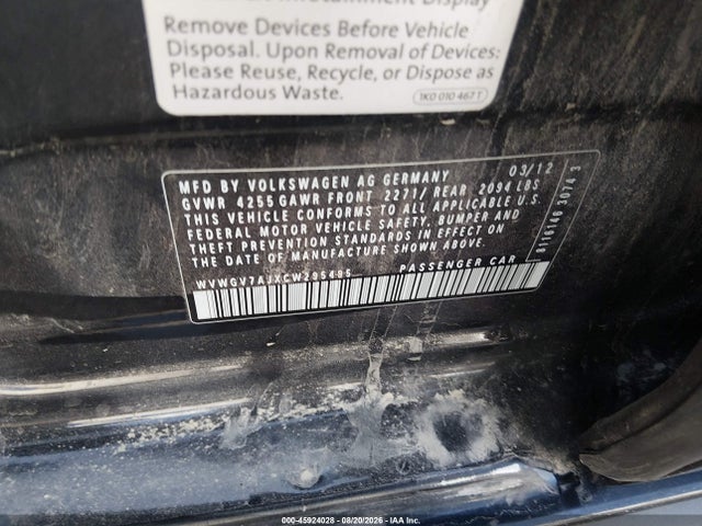 2012 Volkswagen Gti 4-door მანქანა იყიდება აუქციონზე, vin: WVWGV7AJXCW295495, აუქციონის ნომერი: 45924028