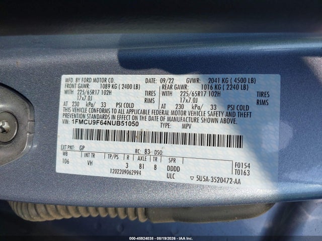 45924038 :رقم المزاد ، 1FMCU9F64NUB51050 vin ، 2022 Ford Escape S مزاد بيع