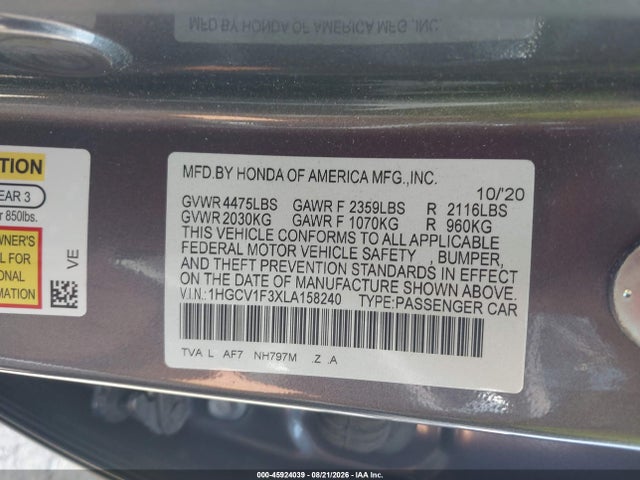 Продаж на аукціоні авто 2020 Honda Accord Sport, vin: 1HGCV1F3XLA158240, номер лоту: 45924039
