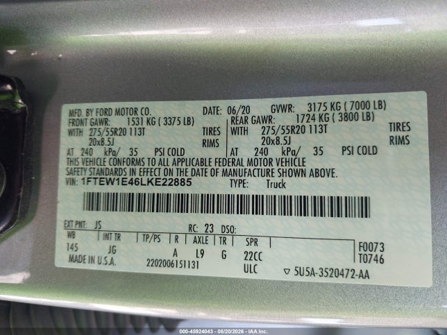 45924043 :رقم المزاد ، 1FTEW1E46LKE22885 vin ، 2020 Ford F-150 Xl مزاد بيع