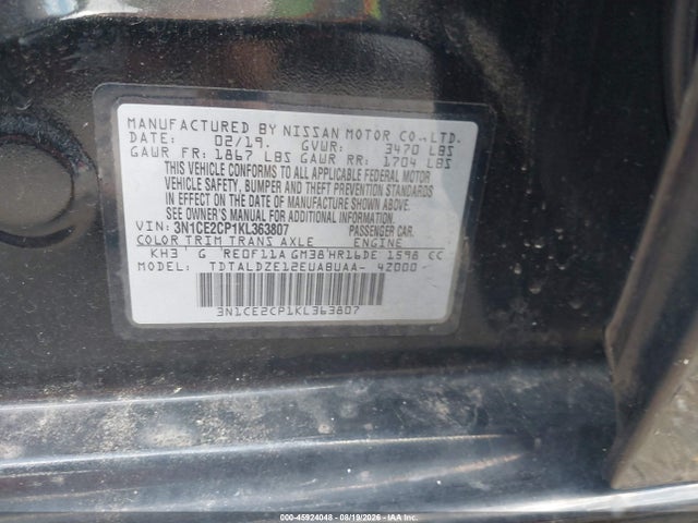 45924048 :رقم المزاد ، 3N1CE2CP1KL363807 vin ، 2019 Nissan Versa Note Sv مزاد بيع