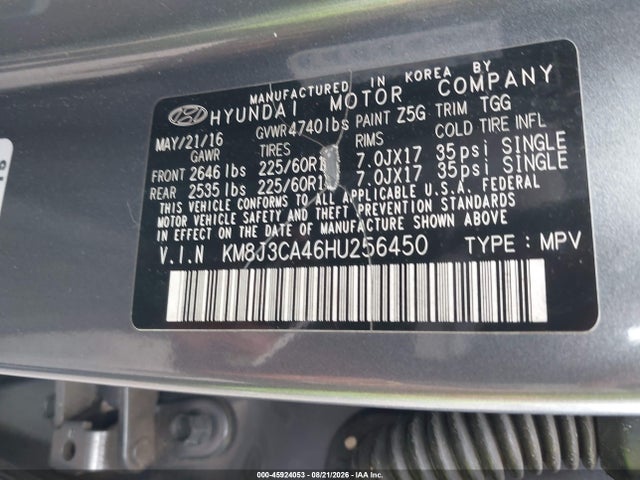 Продаж на аукціоні авто 2017 Hyundai Tucson Se, vin: KM8J3CA46HU256450, номер лоту: 45924053