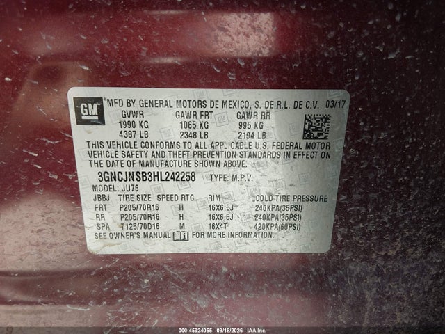 2017 Chevrolet Trax Ls მანქანა იყიდება აუქციონზე, vin: 3GNCJNSB3HL242258, აუქციონის ნომერი: 45924055