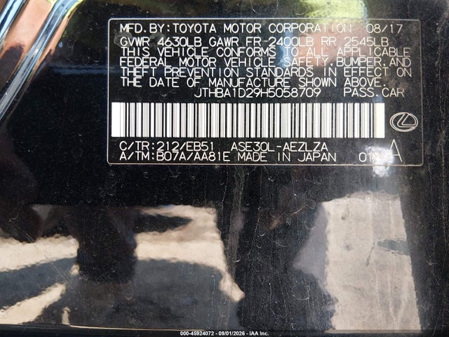45924072 :رقم المزاد ، JTHBA1D29H5058709 vin ، 2017 Lexus Is 200t مزاد بيع