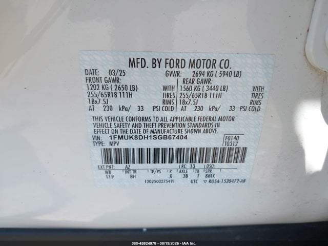 2025 Ford Explorer Active მანქანა იყიდება აუქციონზე, vin: 1FMUK8DH1SGB67404, აუქციონის ნომერი: 45924078