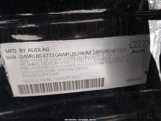 45924083 :رقم المزاد ، WAULT68E15A024362 vin ، 2005 Audi A4 3.0 مزاد بيع