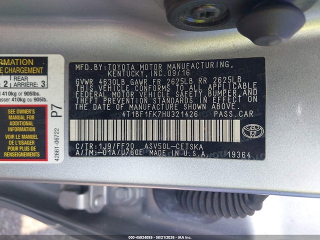Продажа на аукционе авто 2017 Toyota Camry Se, vin: 4T1BF1FK7HU321426, номер лота: 45924089