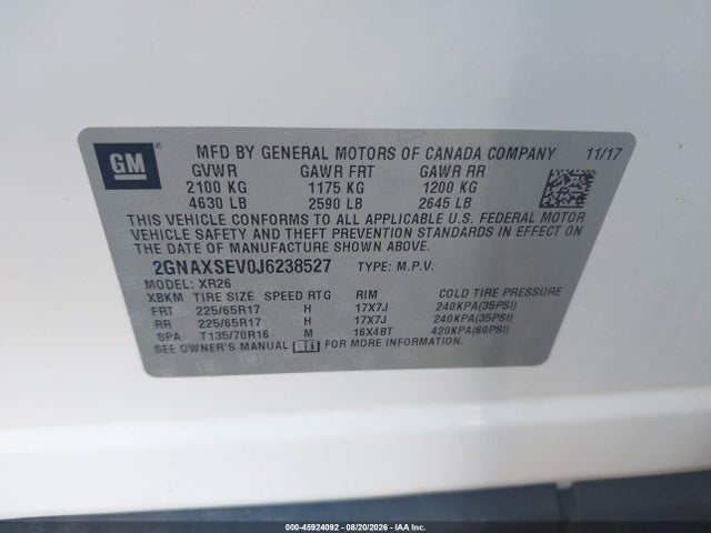 45924092 :رقم المزاد ، 2GNAXSEV0J6238527 vin ، 2018 Chevrolet Equinox Lt مزاد بيع