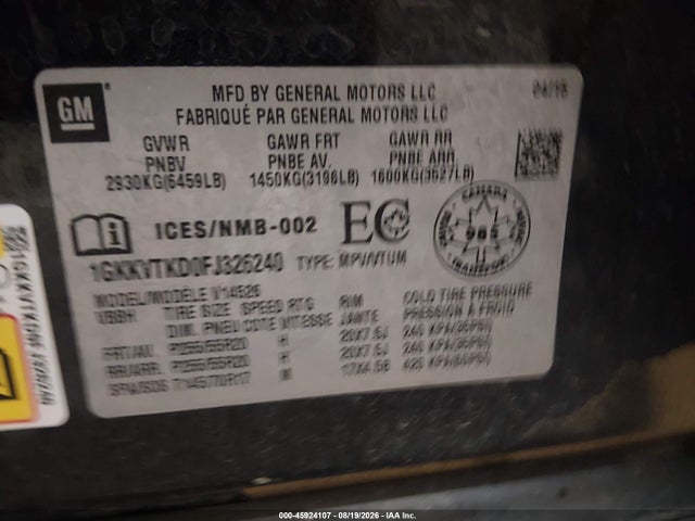 2015 Gmc Acadia Denali მანქანა იყიდება აუქციონზე, vin: 1GKKVTKD0FJ326240, აუქციონის ნომერი: 45924107