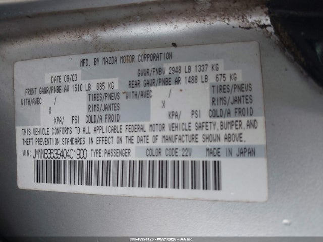 45924120 :رقم المزاد ، JM1NB353940401900 vin ، 2004 Mazda Mx-5 Miata Cloth مزاد بيع