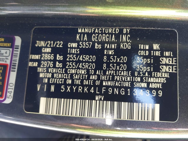 Aukcja sprzedaży 2022 Kia Sorento Sx, vin: 5XYRK4LF9NG134399, numer aukcji: 45924124