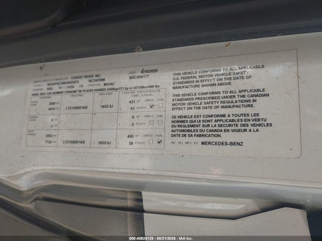 45924128 :رقم المزاد ، WDAPF4CD6KN033970 vin ، 2019 Mercedes-benz Sprinter 4500 Standard Roof V6 مزاد بيع