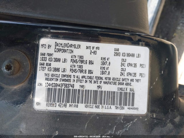 45924132 :رقم المزاد ، 1D4HS38N43F563748 vin ، 2003 Dodge Durango Sport/sxt مزاد بيع