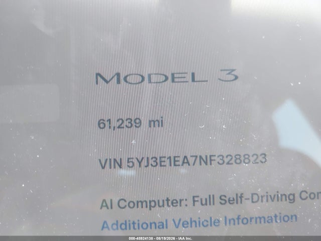 Aukcja sprzedaży 2022 Tesla Model 3 Rear-wheel Drive, vin: 5YJ3E1EA7NF328823, numer aukcji: 45924138