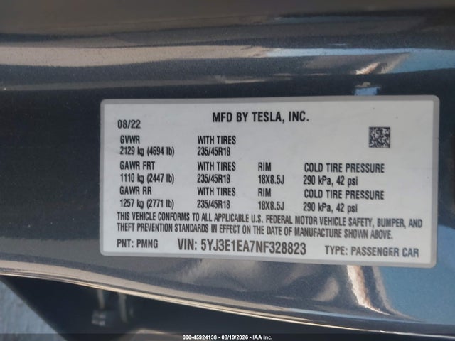Aukcja sprzedaży 2022 Tesla Model 3 Rear-wheel Drive, vin: 5YJ3E1EA7NF328823, numer aukcji: 45924138