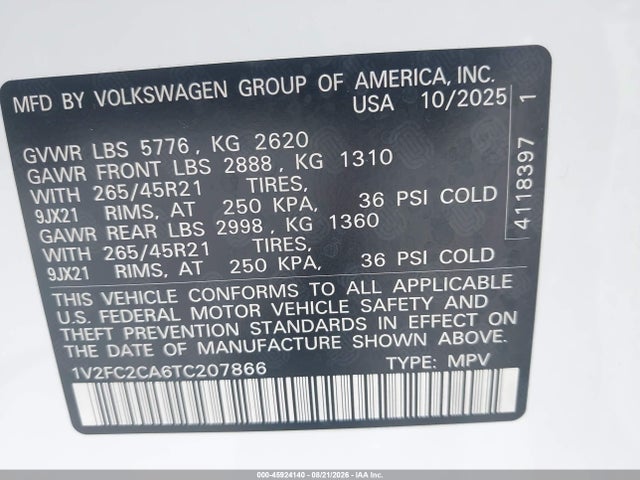 2026 Volkswagen Atlas Cross Sport Sel Premium R-line მანქანა იყიდება აუქციონზე, vin: 1V2FC2CA6TC207866, აუქციონის ნომერი: 45924140