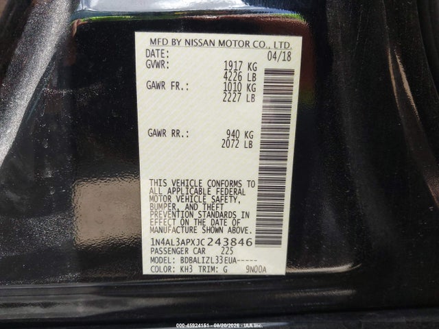 45924151 :رقم المزاد ، 1N4AL3APXJC243846 vin ، 2018 Nissan Altima 2.5 Sv مزاد بيع