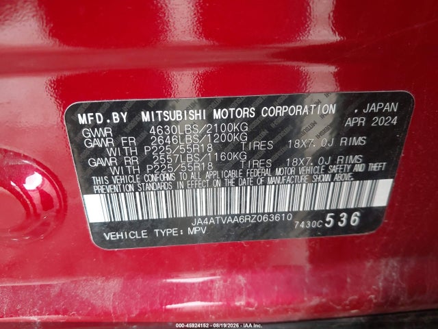 Продаж на аукціоні авто 2024 Mitsubishi Eclipse Cross Le S-awc, vin: JA4ATVAA6RZ063610, номер лоту: 45924152