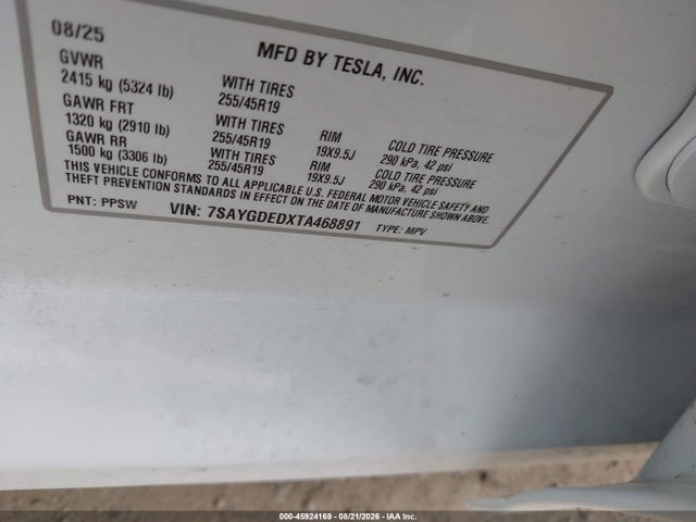 Aukcja sprzedaży 2026 Tesla Model Y Premium/rear-wheel Drive, vin: 7SAYGDEDXTA468891, numer aukcji: 45924169