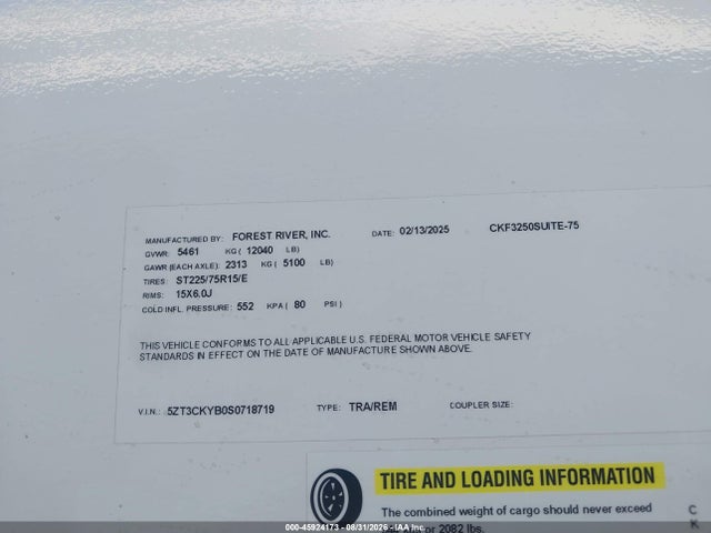 Продаж на аукціоні авто 2025 Forest River Cherokee Arctic Wolf, vin: 5ZT3CKYB0S0718719, номер лоту: 45924173