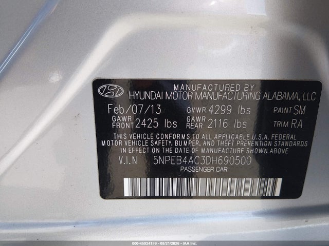 2013 Hyundai Sonata Gls მანქანა იყიდება აუქციონზე, vin: 5NPEB4AC3DH690500, აუქციონის ნომერი: 45924189