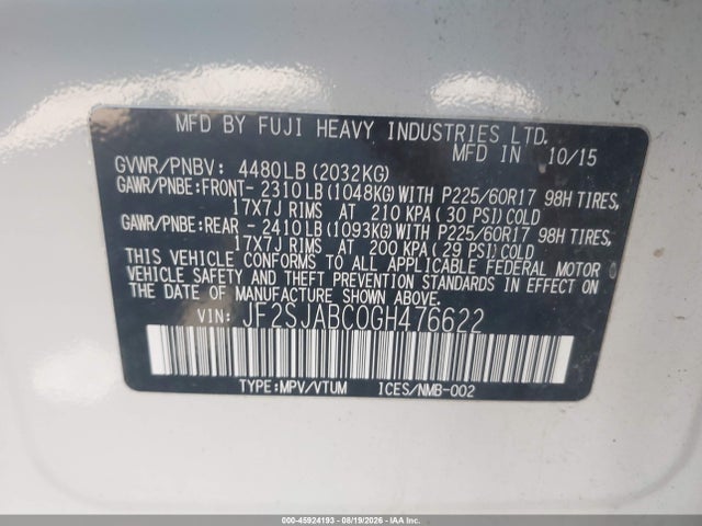 Продаж на аукціоні авто 2016 Subaru Forester 2.5i, vin: JF2SJABC0GH476622, номер лоту: 45924193