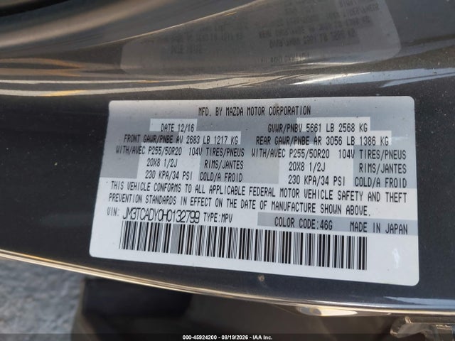 45924200 :رقم المزاد ، JM3TCADY0H0132799 vin ، 2017 Mazda Cx-9 Grand Touring مزاد بيع