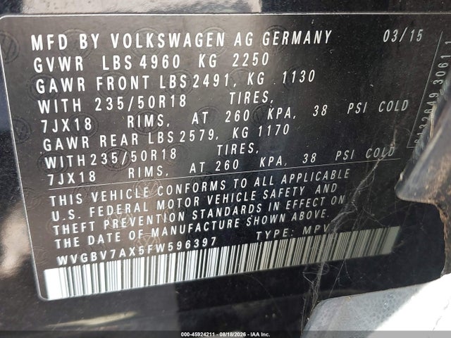 WVGBV7AX5FW596397 Volkswagen Tiguan Sel