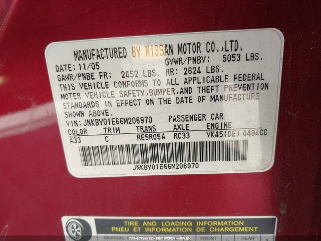 Aukcja sprzedaży 2006 Infiniti M45, vin: JNKBY01E66M206970, numer aukcji: 45924212