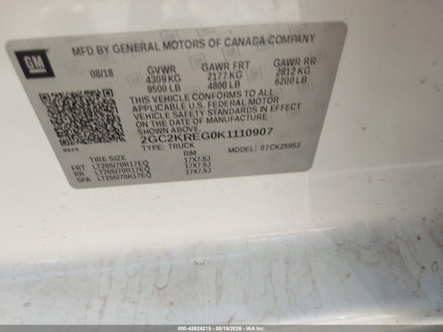 45924215 :رقم المزاد ، 2GC2KREG0K1110907 vin ، 2019 Chevrolet Silverado 2500hd Wt مزاد بيع