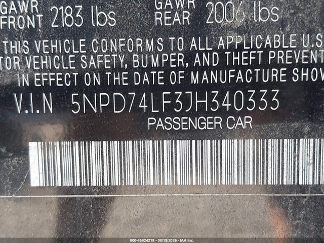 2018 Hyundai Elantra Se მანქანა იყიდება აუქციონზე, vin: 5NPD74LF3JH340333, აუქციონის ნომერი: 45924218