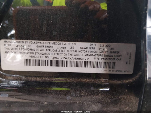 Продажа на аукционе авто 2010 Volkswagen Jetta S, vin: 3VWJZ7AJXAM080672, номер лота: 45924236