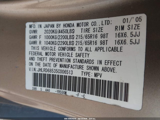 Aukcja sprzedaży 2005 Honda Cr-v Lx, vin: JHLRD68535C006513, numer aukcji: 45924238