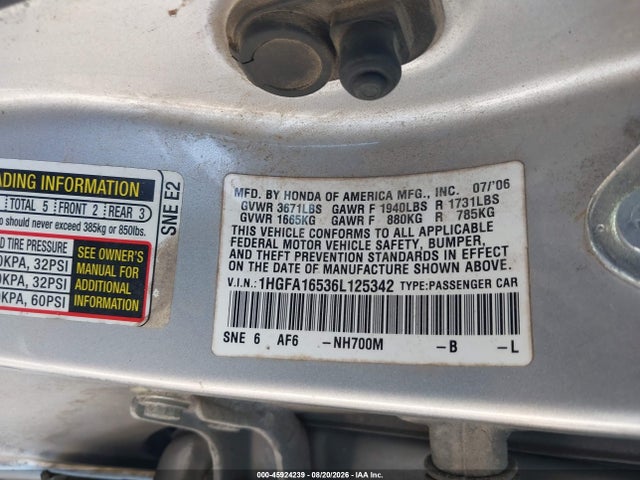 2006 Honda Civic Lx მანქანა იყიდება აუქციონზე, vin: 1HGFA16536L125342, აუქციონის ნომერი: 45924239
