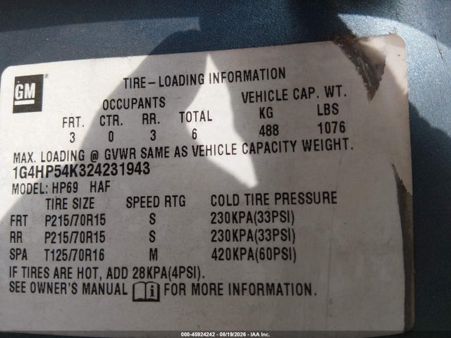 Aukcja sprzedaży 2002 Buick Lesabre Custom, vin: 1G4HP54K324231943, numer aukcji: 45924242