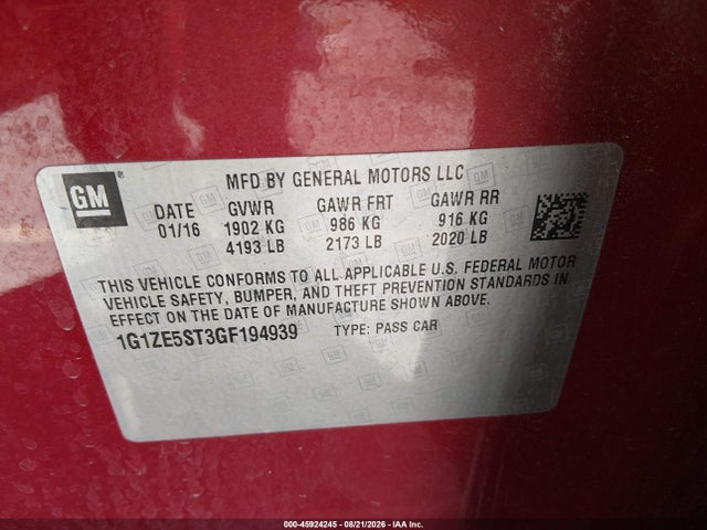 45924245 :رقم المزاد ، 1G1ZE5ST3GF194939 vin ، 2016 Chevrolet Malibu 1lt مزاد بيع