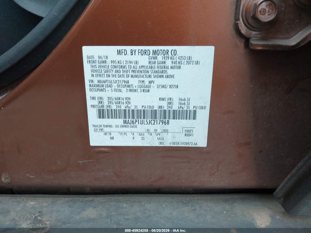 Продажа на аукционе авто 2018 Ford Ecosport Se, vin: MAJ6P1UL5JC217968, номер лота: 45924258