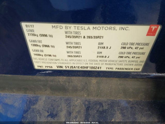 Tesla Model S 100d/60d/75d/90d/p100d 2017 5YJSA1E40HF186241 Image 9