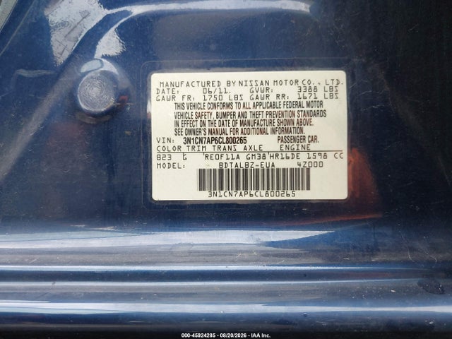 Продаж на аукціоні авто 2012 Nissan Versa 1.6 Sv, vin: 3N1CN7AP6CL800265, номер лоту: 45924285