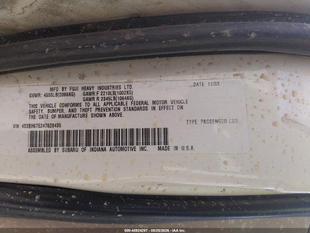 Продаж на аукціоні авто 2004 Subaru Outback, vin: 4S3BH675247628435, номер лоту: 45924297