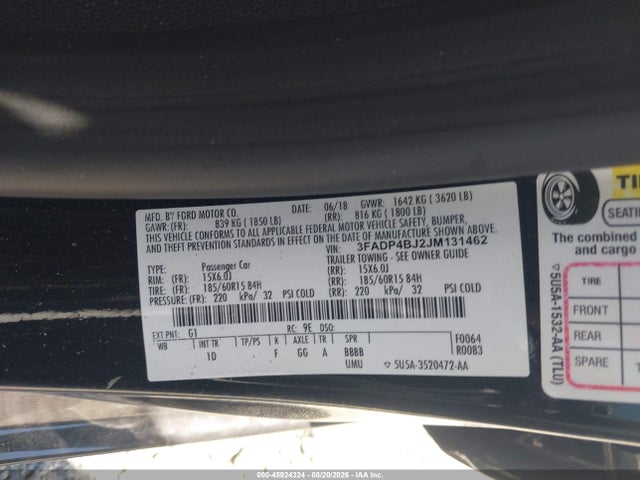 2018 Ford Fiesta Se მანქანა იყიდება აუქციონზე, vin: 3FADP4BJ2JM131462, აუქციონის ნომერი: 45924324