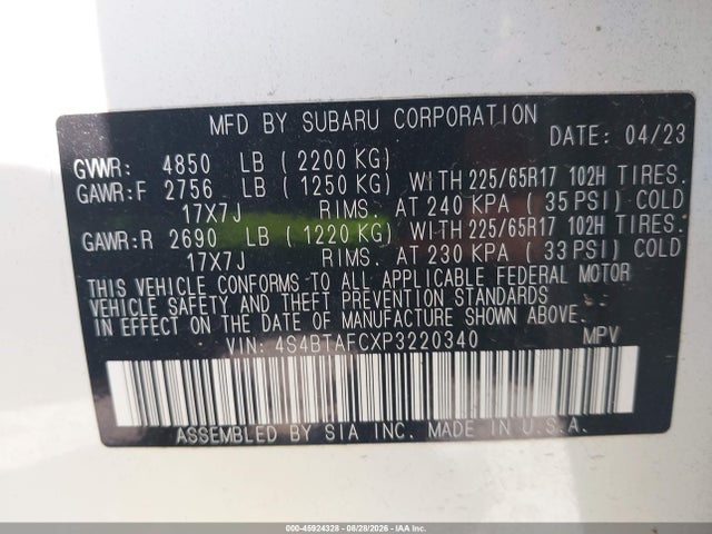 45924328 :رقم المزاد ، 4S4BTAFCXP3220340 vin ، 2023 Subaru Outback Premium مزاد بيع
