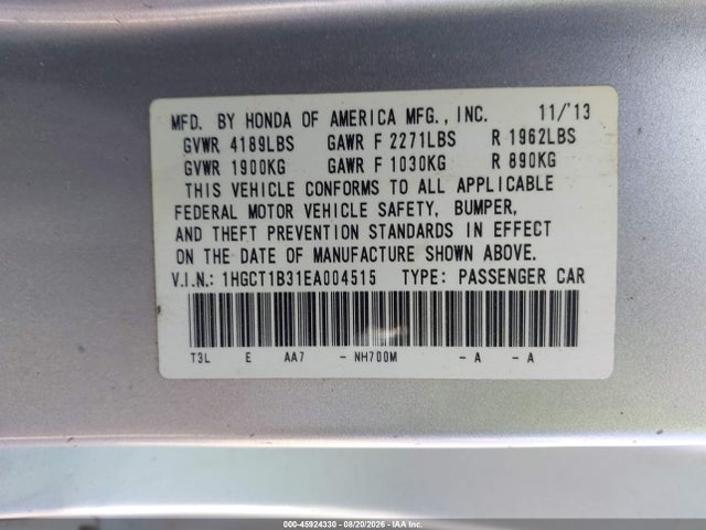 Продажа на аукционе авто 2014 Honda Accord Lx-s, vin: 1HGCT1B31EA004515, номер лота: 45924330